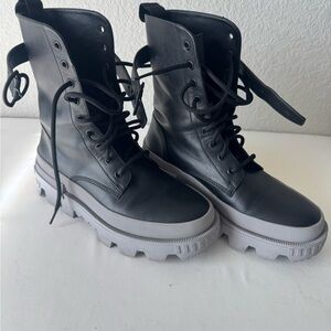 Moncler Black Leather Combat Boots with Light Gray Lug Sole